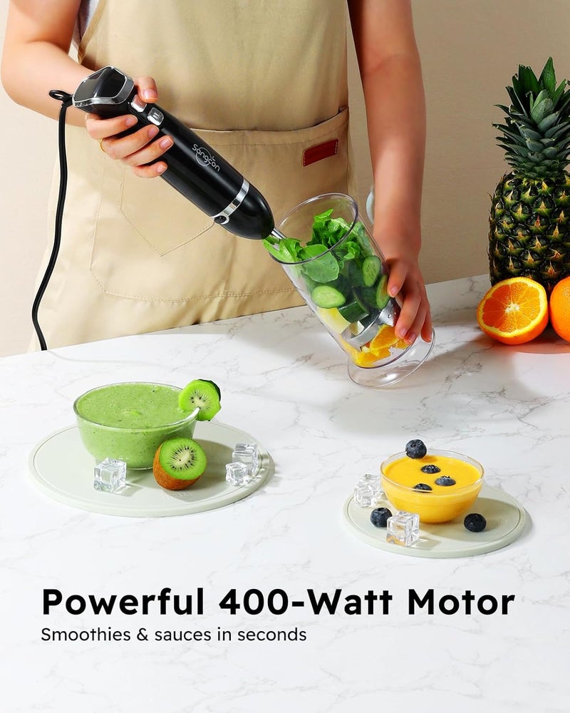 sangcon Immersion Blender Handheld, 3-in-1 Hand Blender Electric, 400W Handheld Licuadora de mano, Stainless Steel Blade Stick Mixer with Whisk, Milk Frother Attachments - Black - Image 2